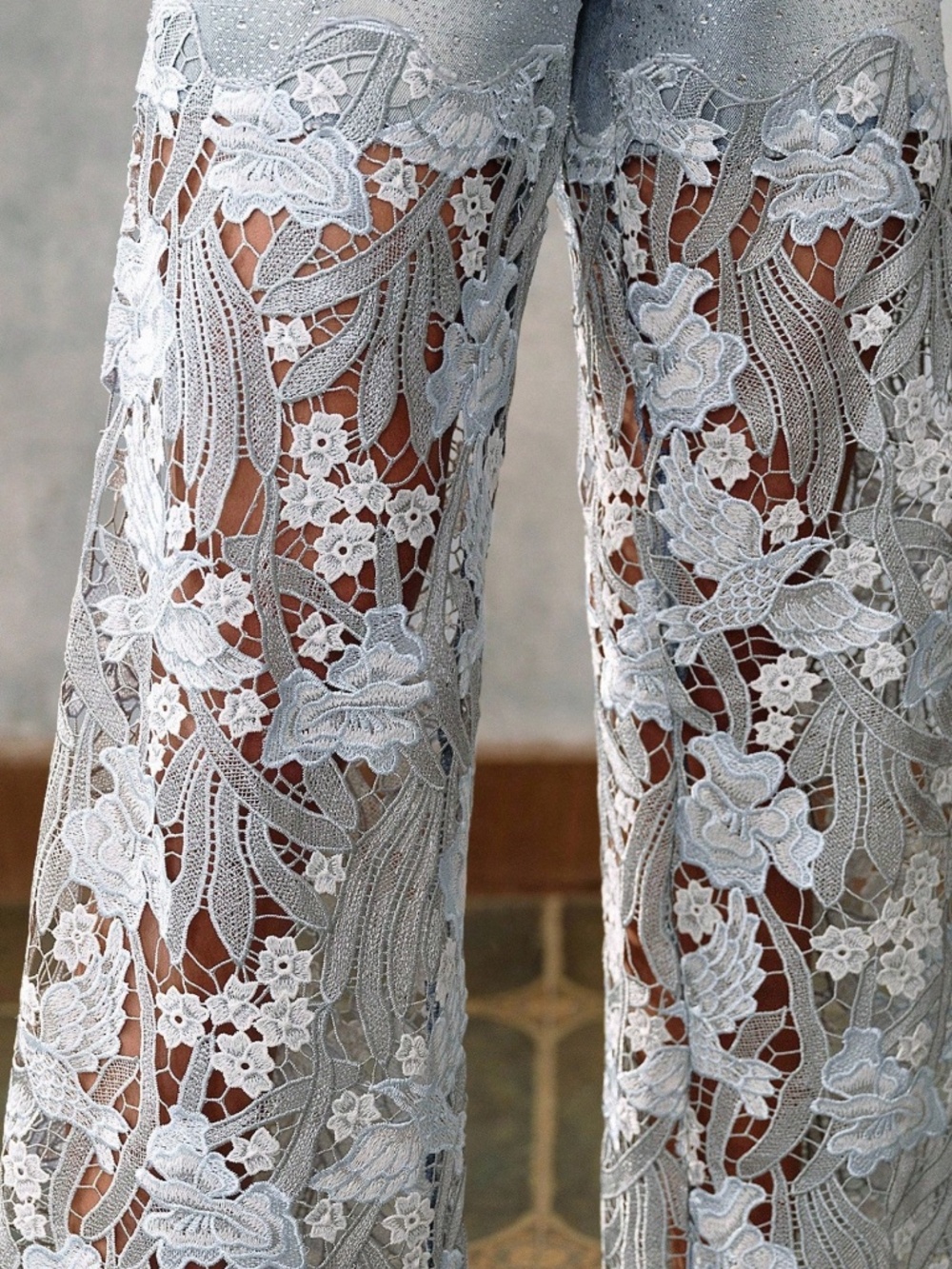 Light wash Rhinestone Mid Waist Bird Floral Cut out Straight Leg Denim Jeans - Picture 3 of 6